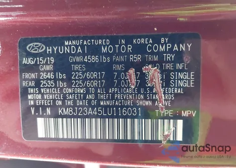 2020 Hyundai Tucson Se from USA, damaged, VIN KM8J23A45LU116031